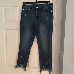 INC International Concepts Blue Cropped Jeans with Colorful Embellishments